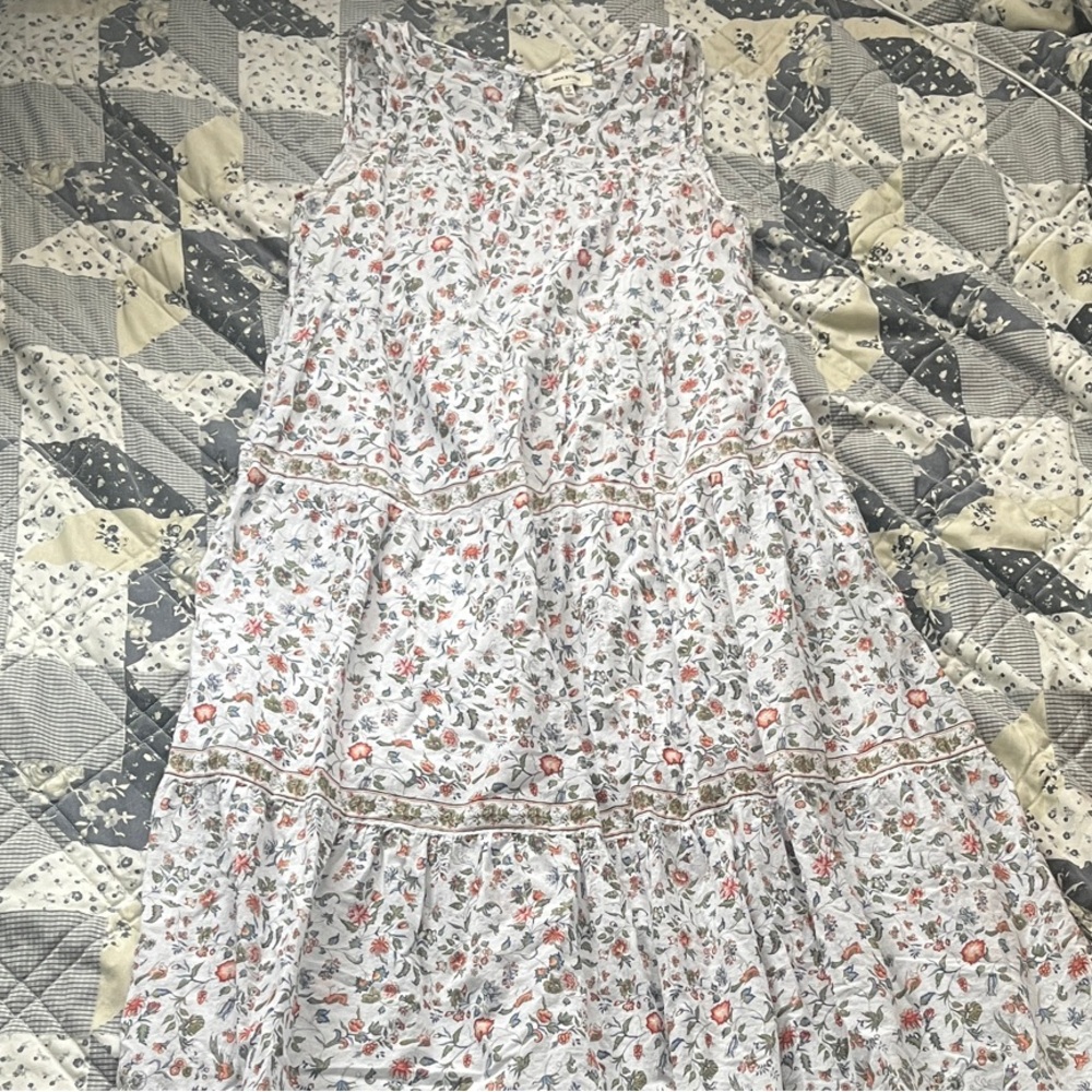 Max Studio White Floral Tiered Dress with Pink and Green Accents